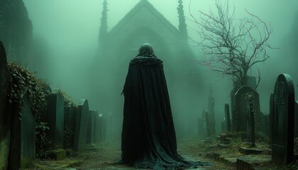 Mysterious figure in a cloak stands in a foggy graveyard near an old church