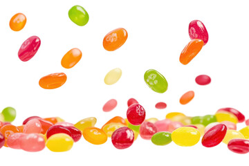 Round jelly candies falling through the air bring joy and sweetness to creative compositions