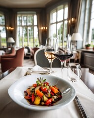Fine dining experience with colorful vegetable dish and wine glasses in elegant restaurant setting