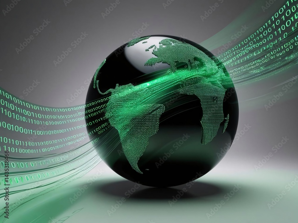 Poster global network data stream - digital world globe with binary code