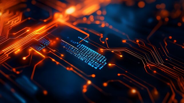 Futuristic digital circuit board with glowing orange lines and blue technology background, A digital background featuring financial charts and graphs, representing stock market data ori bocha grid