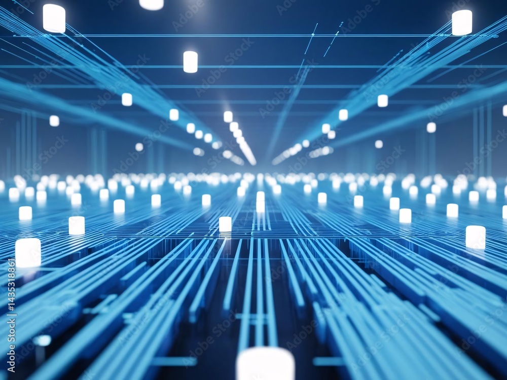 Poster futuristic data stream of interconnected nodes and lines in blue