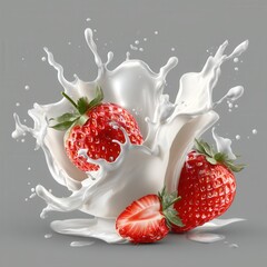 Captivating splash of milk surrounding fresh strawberries against a serene gray backdrop a delightful blend of nature and refreshment in a studio shot