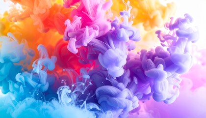 Obraz premium A dynamic explosion of colorful ink suspended in water, creating soft gradients and organic cloud-like formations.
