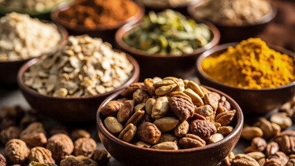 Variety of nuts and spices in rustic bowls