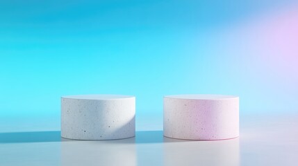 Two simple, round, light gray pedestals on a light blue background