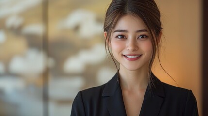 Obraz premium A woman in a black suit is smiling and looking at the camera
