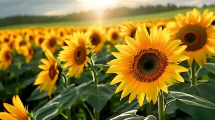 Fototapeta premium Sunflowers Field at Sunset - Summer Nature - Nature photography