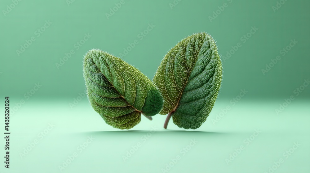 Poster two fresh green leaves with intricate vein patterns on a soft green background creating a natural an