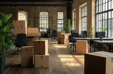 Office with Boxes and Furniture Ready for Moving into New Workspace