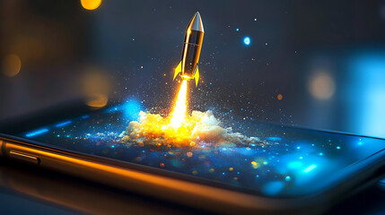 Digital rocket icon launching from a smartphone screen, symbolizing a new app release (4)