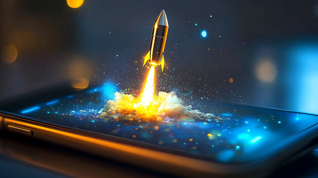Digital rocket icon launching from a smartphone screen, symbolizing a new app release (4)