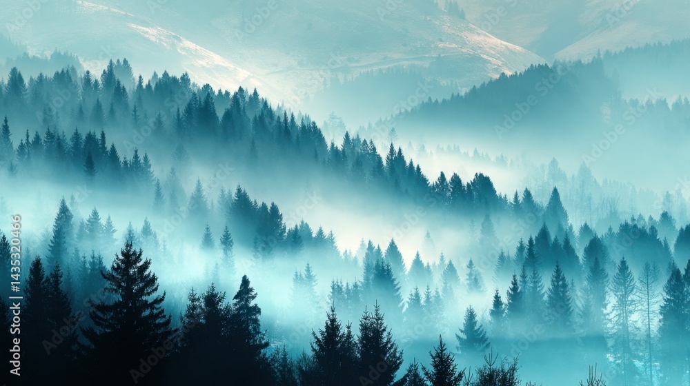 Poster ethereal mountain landscape with dense forest shrouded in mist creating a serene and atmospheric sce