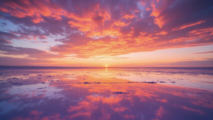 Obraz premium A mesmerizing sunset over the sea, with vibrant colors reflected on the water's surface. The sky is ablaze with hues of orange, pink, and purple, creating a serene and breathtaking view. 