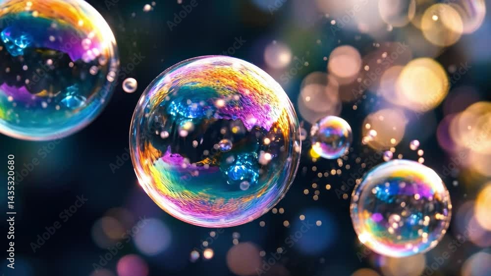 Poster colorful iridescent soap bubbles float gracefully in dreamy atmosphere filled with soft bokeh lights