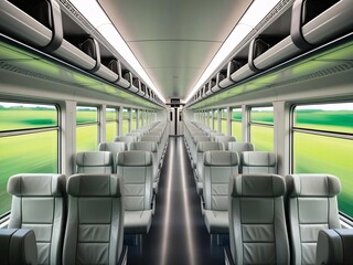 Modern Train Interior with Seats and Blurred Green Landscape