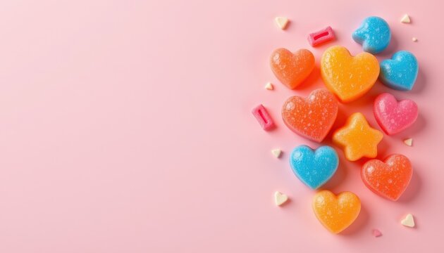 Minimalist top down photo of uiro jelly sweets in gradient colors, placed on the right side over soft pastel tones