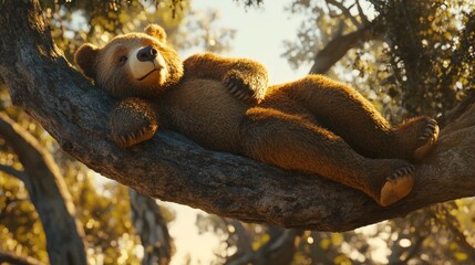 Obraz premium Grizzly bear relaxing tree branch forest sun