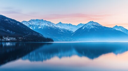 Alpine lake sunrise reflection panorama