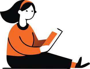 Cartoon vector art shows a smiling girl with a laptop and an orange man working on his notebook for business or study