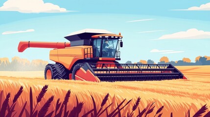Obraz premium combine harvester harvesting wheat field