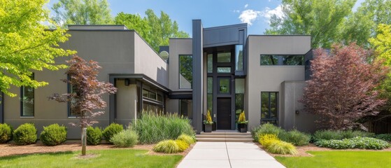 Fototapeta premium Modern Home Exterior with Lush Greenery and Contemporary Design under Bright Blue Sky Creates a Serene and Inviting Atmosphere Showcasing Architectural Beauty