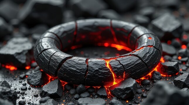 Cracked lava ring amidst glowing rocks in volcanic landscape.