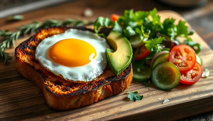 Delicious Breakfast with Crispy Toast, Egg, and Fresh Salad on Rustic Wooden Table