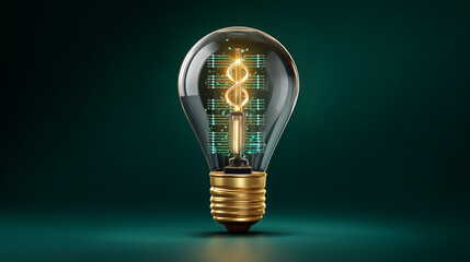 回路基板が内蔵された近未来的な電球のコンセプトアート、テクノロジーコンセプト、濃い緑いろの背景に、ネオンに光る回路を内蔵した光る電球のモックアップ。イノベーションのコンセプト