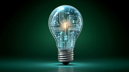 回路基板が内蔵された近未来的な電球のコンセプトアート、テクノロジーコンセプト、濃い緑いろの背景に、ネオンに光る回路を内蔵した光る電球のモックアップ。イノベーションのコンセプト
