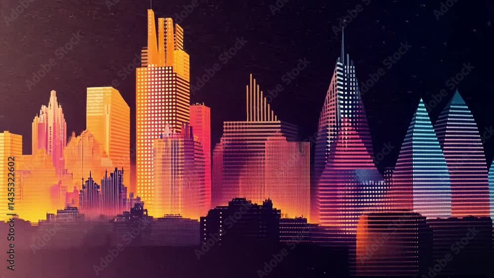Poster vibrant digital cityscape showcasing abstract skyscrapers with geometric patterns in warm colors, cr