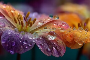 Macro photography capturing glistening water droplets on vibrant multicolored flower petals, showcasing bloom beauty
