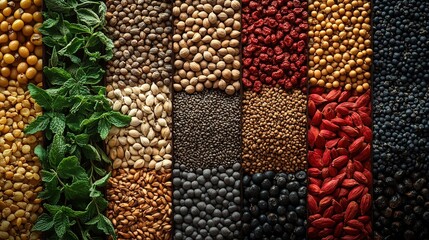 Colorful array of various seeds and grains