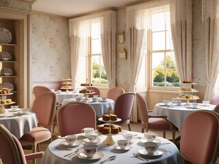 Elegant Afternoon Tea Setting with Cakes and Tea Cups in a Bright Room