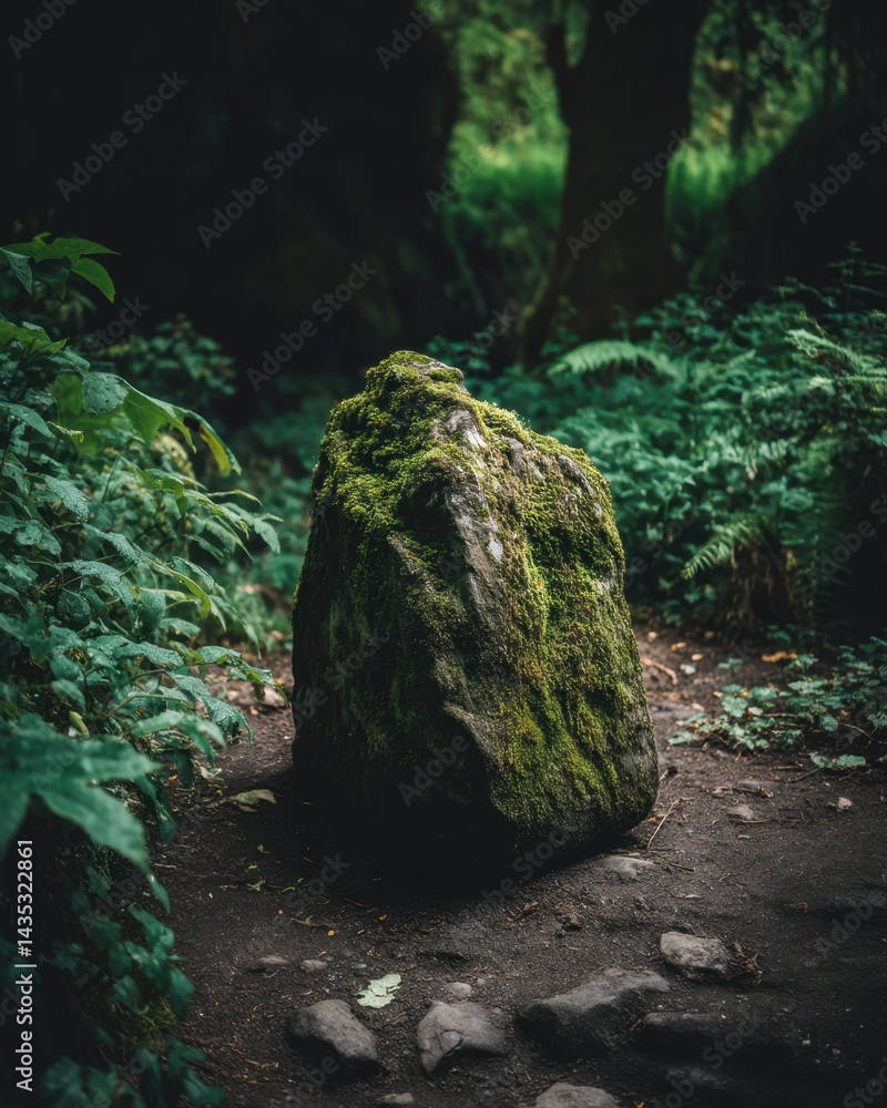 Poster mossy rock in a lush forest setting with vibrant green foliage and a dark moody background creating 