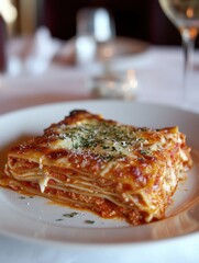Delicious lasagna slice on a white plate in a restaurant setting showcasing layers of pasta cheese and tomato sauce with a wine glass in the background