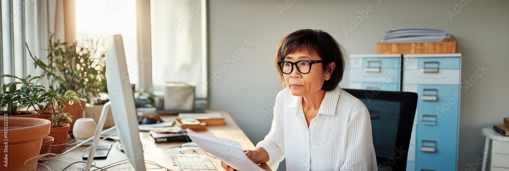 Poster a woman is sitting at a desk with a computer monitor and a stack of papers in front of her. she is w