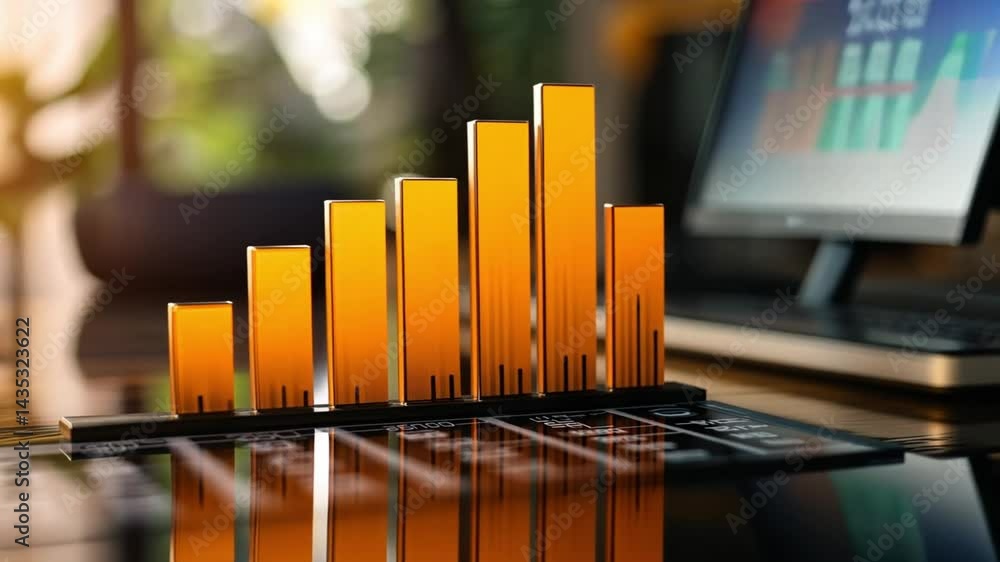 Poster vibrant orange bar graph visualization on desktop symbolizes growth and success in business, showcas