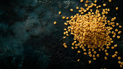 A natural arrangement of whole fenugreek seeds in soft yellow tones on a dark surface, showcasing their irregular shapes and rich earthy texture.