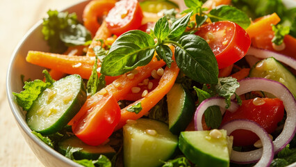A colorful salad made with fresh vegetables in a bowl