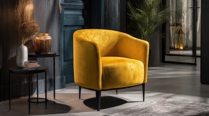 Elegant Yellow Armchair in a Modern Interior Setting with Stylish Decor and Subtle Lighting Creates a Cozy and Inviting Atmosphere for Relaxation and Comfort