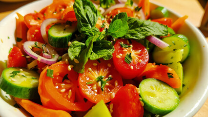 A fresh and colorful salad, featuring ripe tomatoes, cucumbers, and herbs, presented in a white bowl