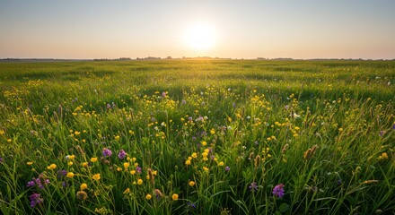Wide green meadow with spring flowers under clear sky