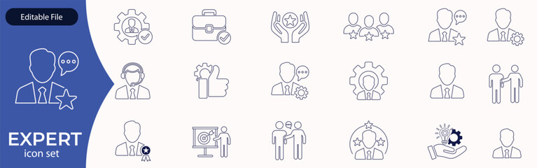Expert line icon set. Set of outline icons related to talent, skill, aptitude, specialist, thinking, expertise, expert and others. Editable stroke. Vector illustration