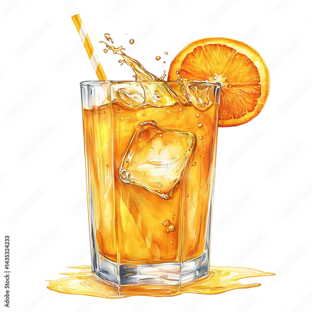 Poster refreshing orange juice with ice cubes and straw for summer refreshment isolated on transparent back