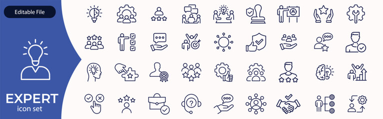 Expert line icon set. Set of outline icons related to talent, skill, aptitude, specialist, thinking, expertise, expert and others. Editable stroke. Vector illustration