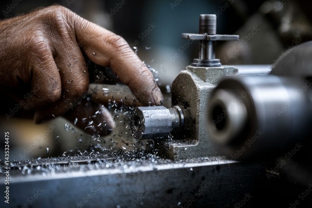 Poster close-up of metalworking lathe operation with metal shavings and a worker's hand guiding the process
