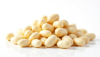 Close-up of heap of white beans against pure white background, vegetarian, macro