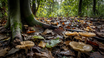 Obraz premium Magical forest mushrooms glowing after rain enchanting autumn woodland scene