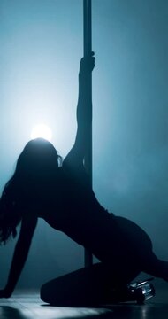 Silhouette, performance and woman with pole dancing in nightclub for VIP party or exotic choreography. Entertainment, burlesque and female dancer with sensual movement with neon light at event.